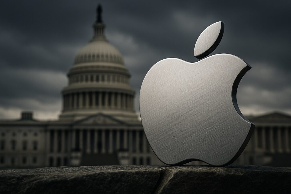 Apple logo with White House in the background.
