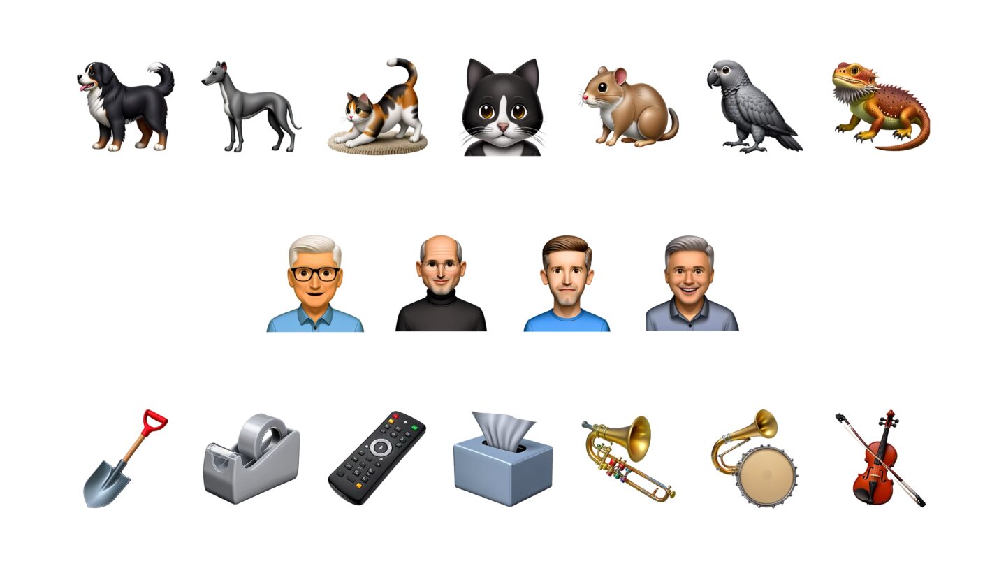 Genmoji Examples Examples of Genmoji: dogs, cats and various animals; Apple executives and various objects (including several poorly rendered trombones)