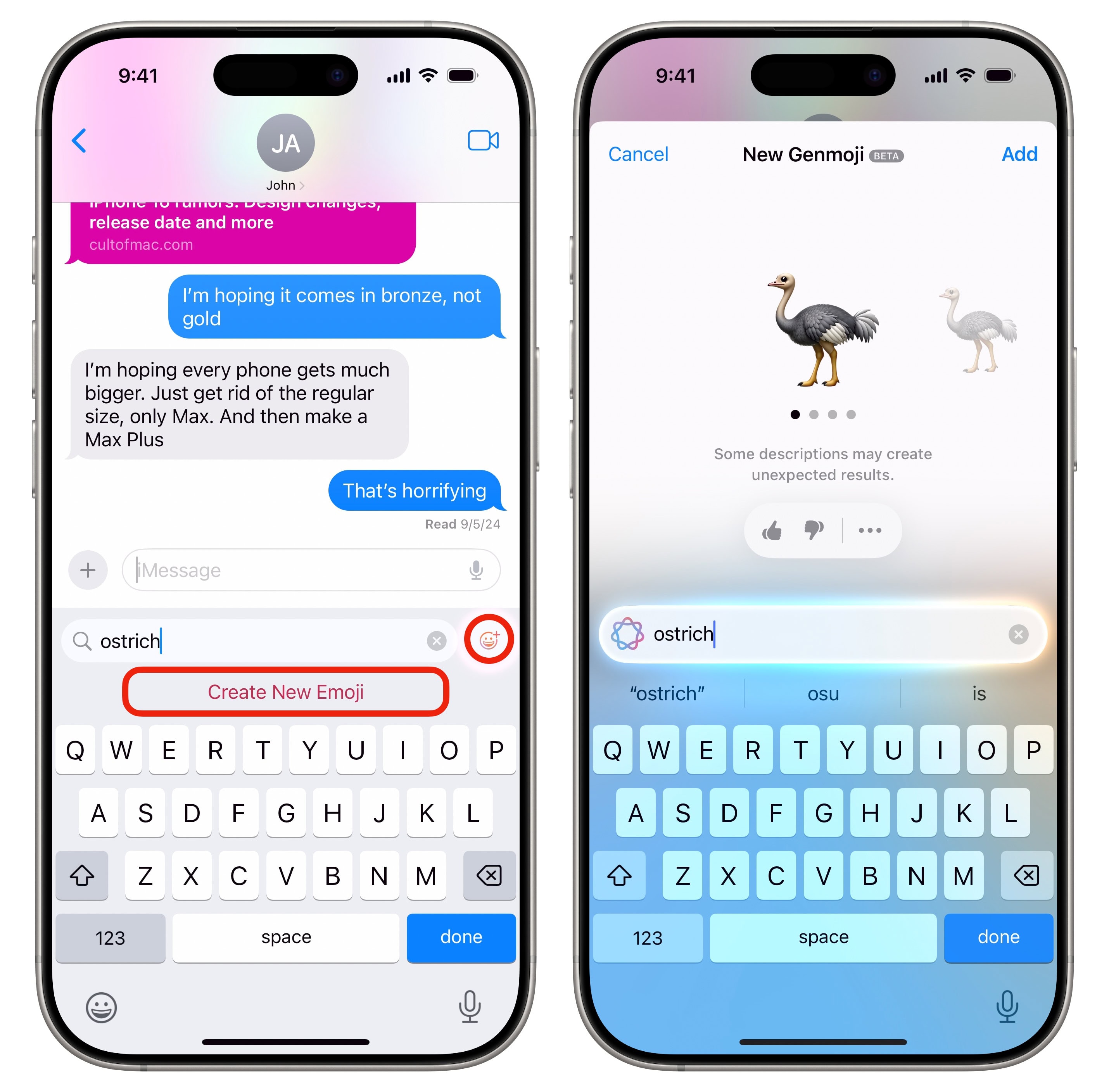 Genmoji Creating an ostrich emoji with Genmoji