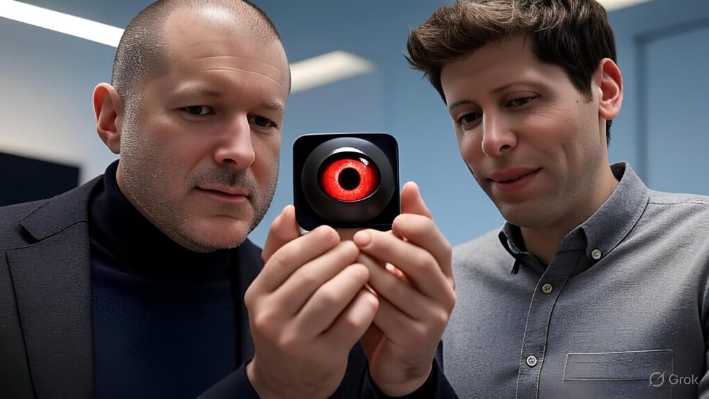 AI-generated image of Jony Ive and Sam Altman with a next-gen AI device.