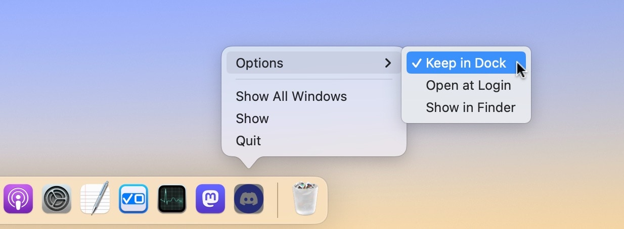 Remove from Dock Turning off Keep in Dock