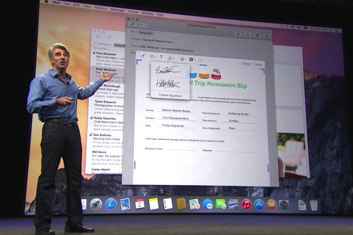 Craig Federighi, Apple’s senior vice president of software engineering, previews Mac OS X Yosemite at WWDC in 2014.
