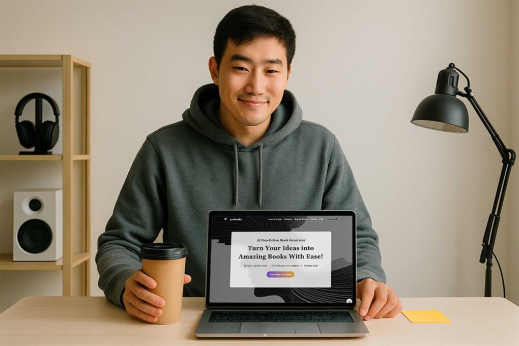 Photo of a man holding a cup and sitting in front of a a laptop with screen showing Youbooks AI book writer.